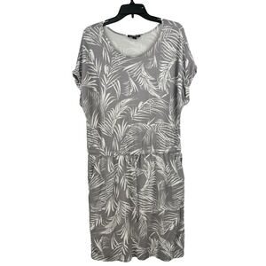 Hilary Radley Floral Dress Womens L Gray White Leaf Print Casual Travel Comfy